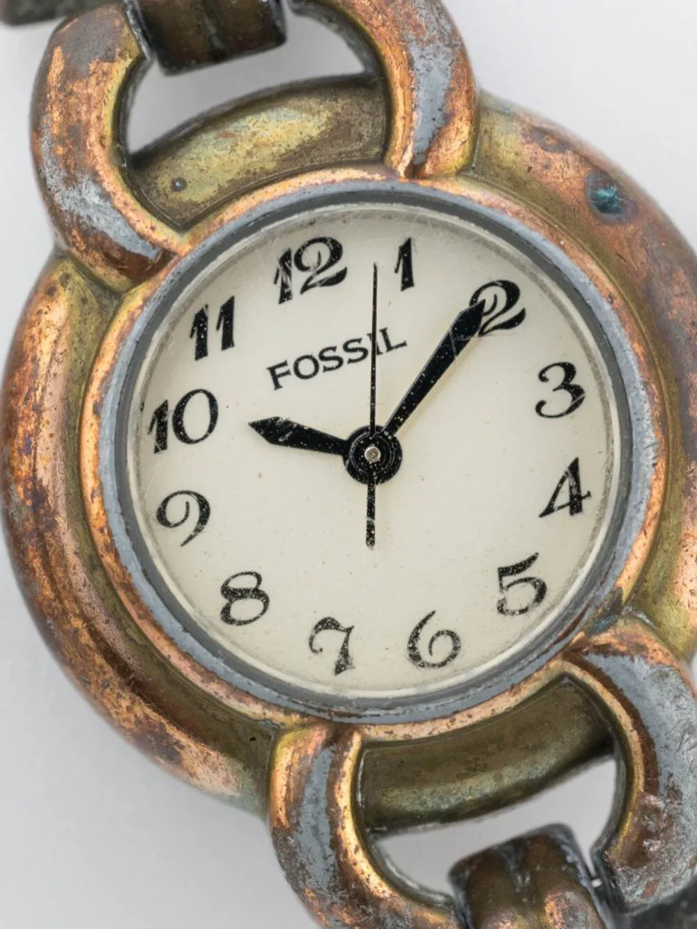 FOSSIL EC-8774 Vintage Brass Tone Chain Quartz Analog Women's Watch New Battery
